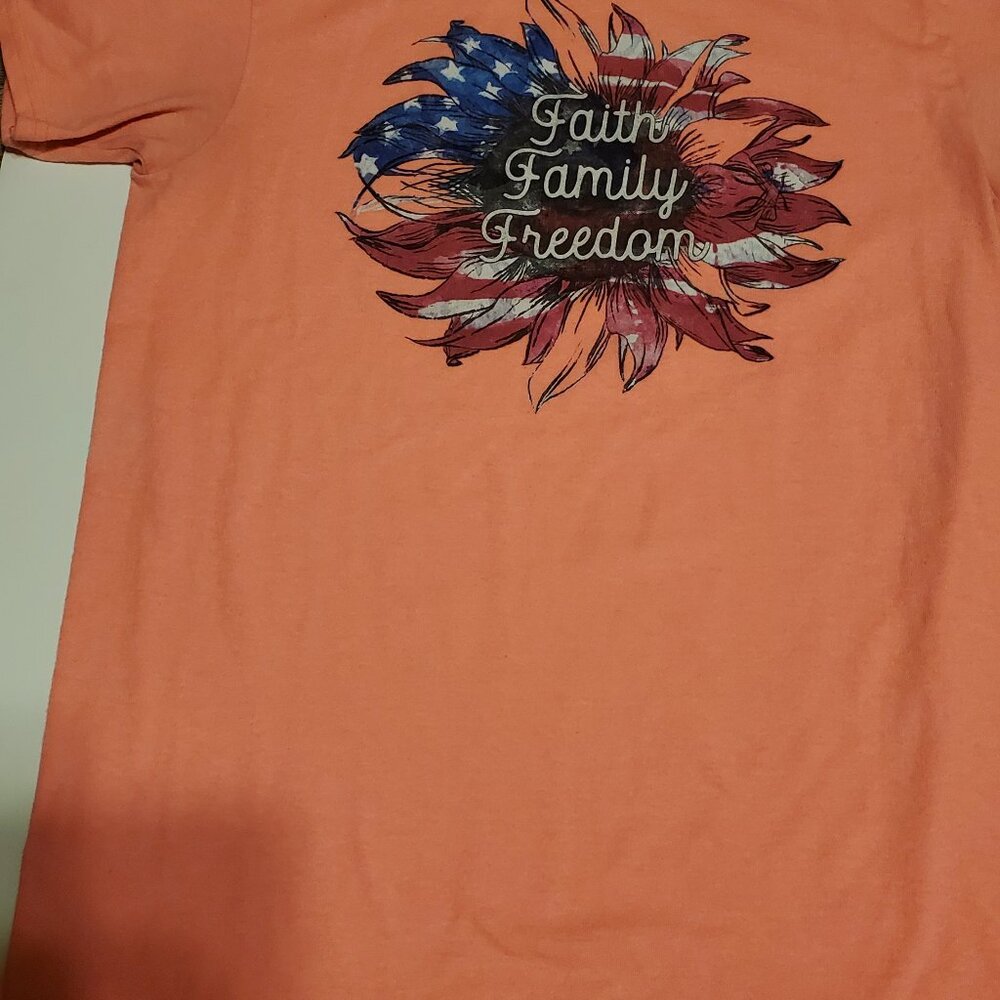 Women's Short Sleeve T-Shirt "Faith, Family, Freedom" in Peach/Orange Color